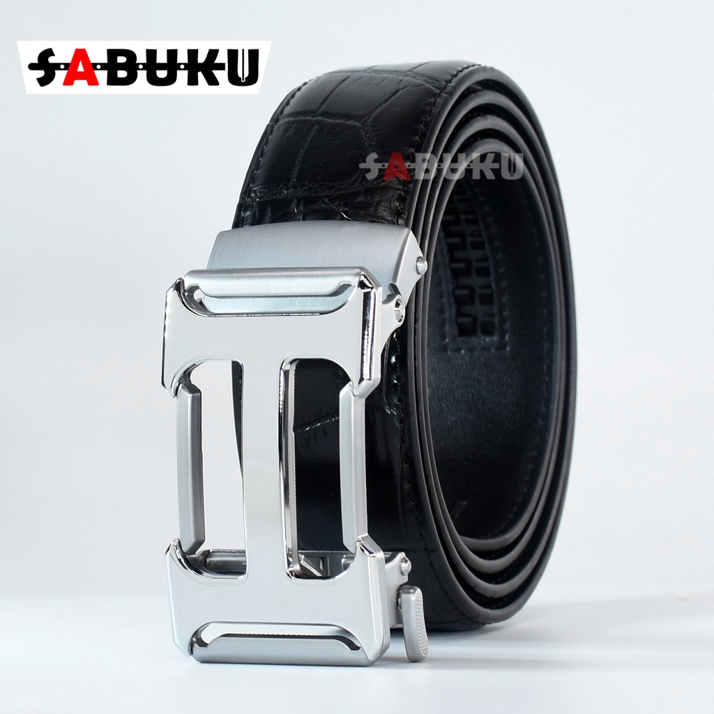 Ikat Pinggang Pria Tipe Rel MenBeltGesper Kulit Pria Asli Pria Sabuk Mewah elegant Free Box - 115