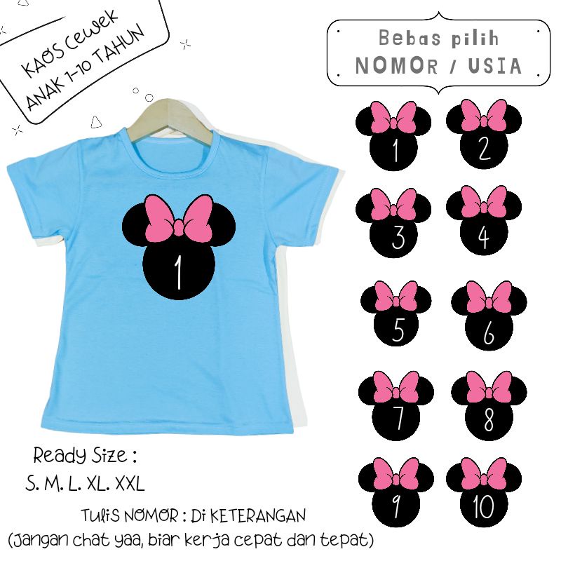 Baju Kaos Anak Cewek 3-12 tahun sampai Dewasa Jumbo MINNIE PITA