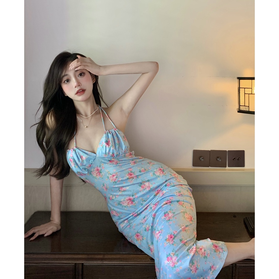 midi dress korea floral lipit indah kembali suspender dress mahasiswi v-neck tanpa lengan rok mid-le