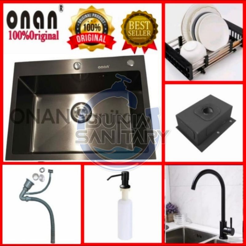 Paket Komplit Kitchen sink ONAN 6045 BLACK Original Bak cuci piring Hitam