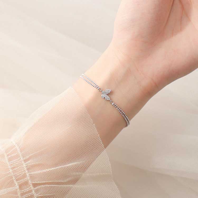 Gelang Rantai Silver Titanium Steel Liontin Kupu-Kupu Hias Kristal Berlian Gaya Korea Untuk Wanita