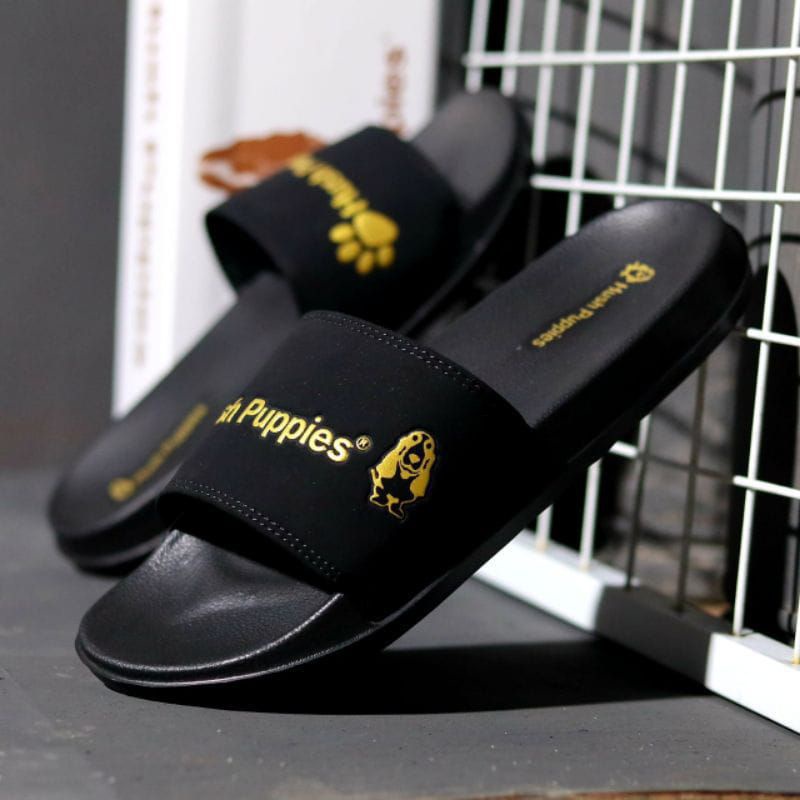 BEST SELLER!! SANDAL HUSPUPIES PRIA DAN WANITA SLIP ON HITAM GOLD PARSIT