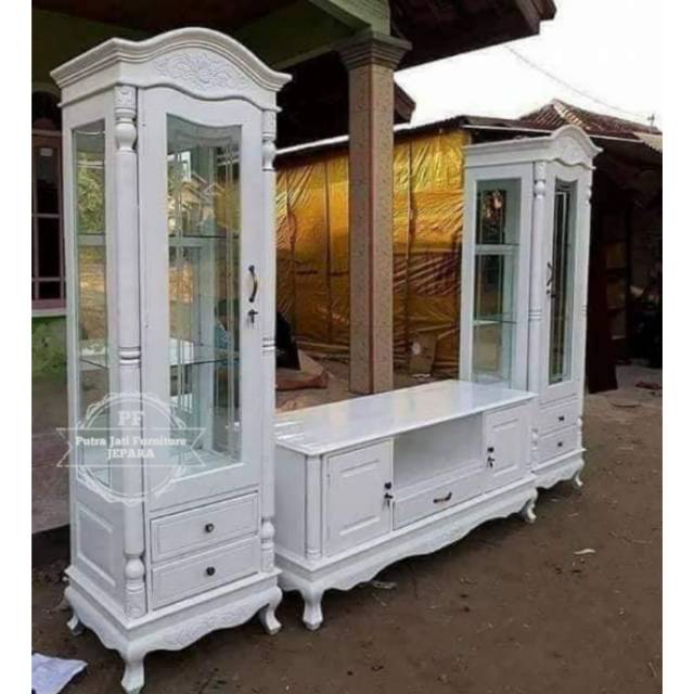 Bufet & Lemari Hias Kayu Jati Warna Putih Duco - Meja Tv Lemari Sekat Ruang Ukir Jepara