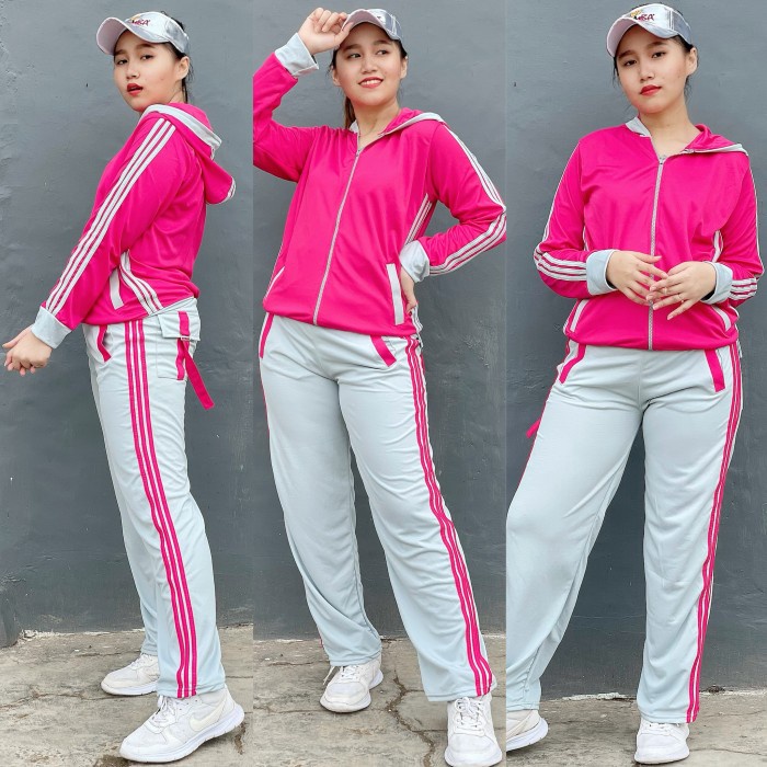 (PROMO) Setelan Baju Senam Lapangan Adidas Pink Abu Zumba Aerobik Hijab Muslim - Pink Abu, S