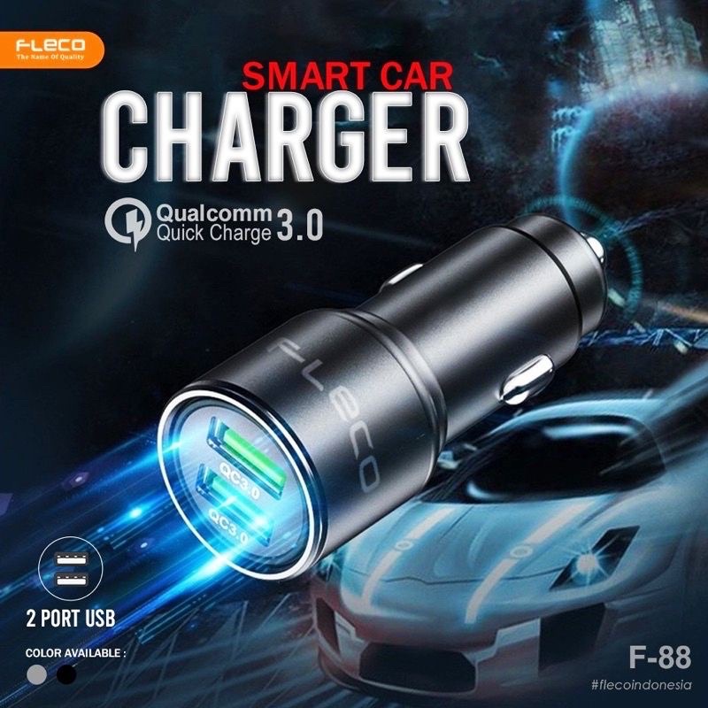 Smart Adaptor Car Charger Mobil 36W QC3.0 Dual Port Usb Quick Charge 6A Original by Fleco FL-88