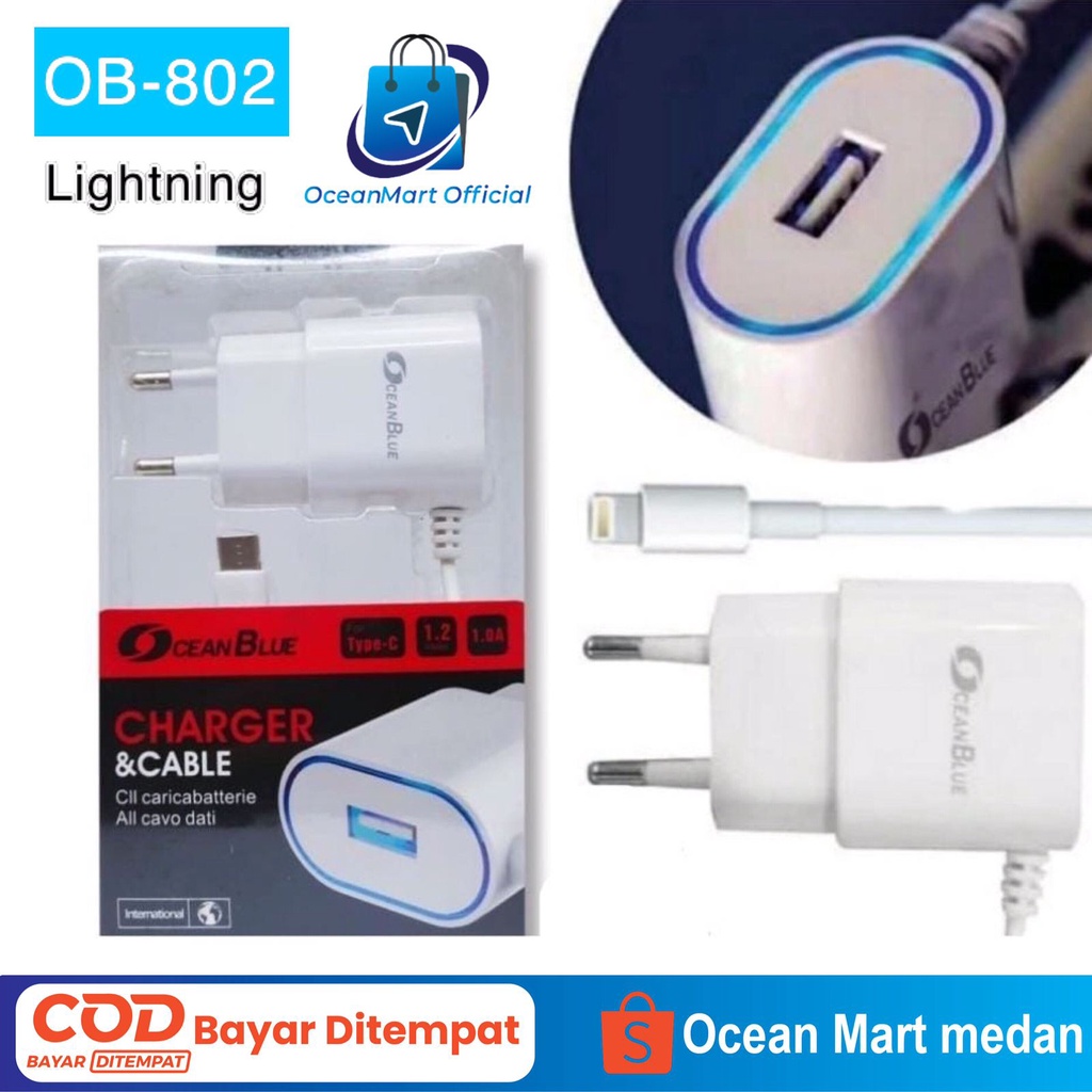 Travel Charger HP Ocean Blue OB-802 Kabel Type C Adapter Fast Charging 1Amper Aksesoris Handphone HP OCEANMART OCEAN MART Murah Grosir