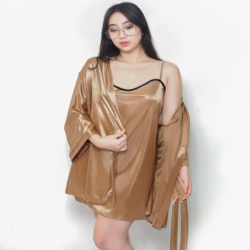 FOLVA kimono set baju tidur satin 1295GSET_XL gold big size jumbo