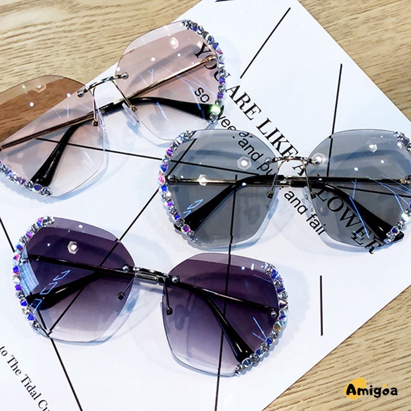 COD Kacamata Hitam Korean Gaya Square Frame Kacamata Wanita Berlian Tanpa Bingkai Kaca Mata Anti Uv400 Sunglasses - AG2