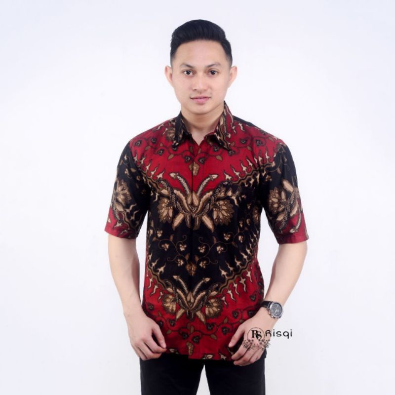 BSWART Batik HRB026 Kenongo Hem Pendek Padi Pekalongan M L XL Batik Pria MURAH Modern Grosir-Hem Kris merah