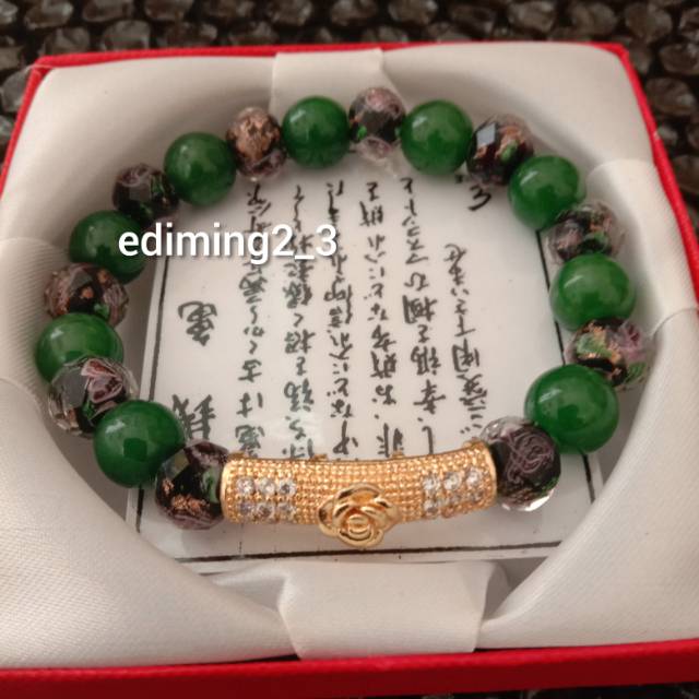 GELANG GIOK HIJAU ASLI NATURAL KOMBI MORANO HONGKONG MAWAR