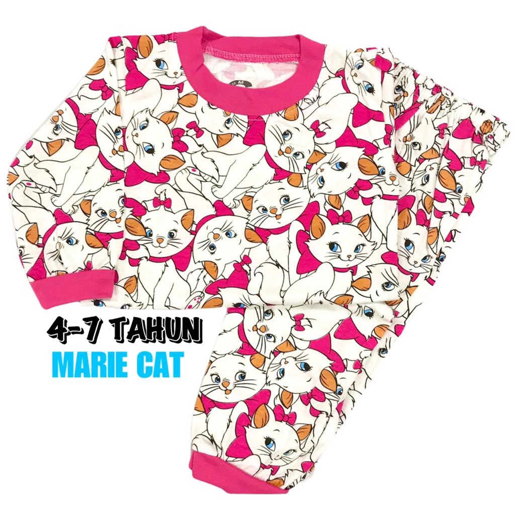 (1 KG MUAT 6 STEL) BAJU TIDUR ANAK KIDS PEREMPUAN/CEWEK SETELAN BAHAN KAOS KATUN 4-7 TAHUN MARIE CAT/KUCING