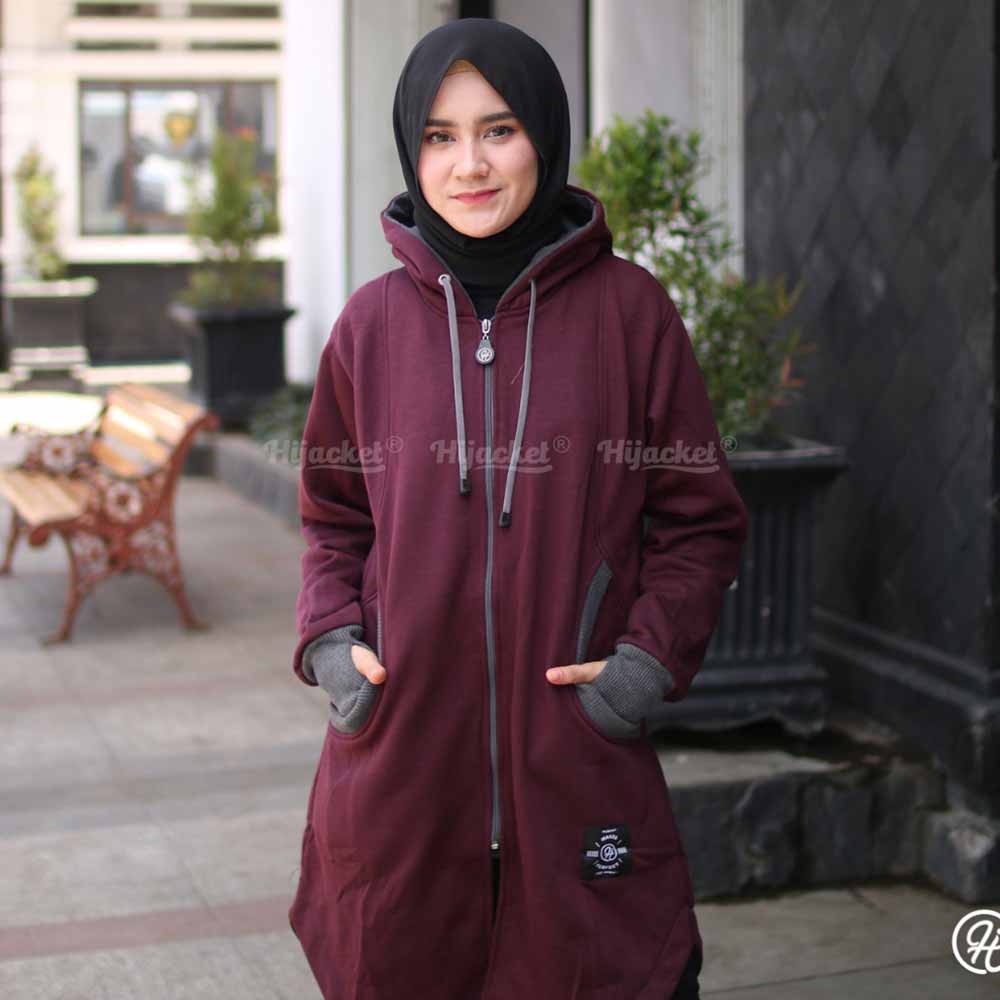 Jaket Jacket Wanita Cewek Cewe Hijaket Hijabers Muslimah Panjang Hoodie Hijacket Handsock ELK Ungu-1