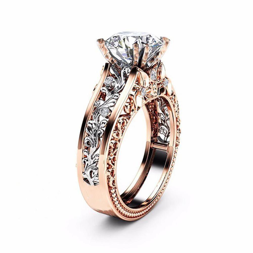 Timekey Cincin Nikah / Tunangan Rose Gold 14K Hias Kristal Berlian Putih Ukuran 5-11 Untuk Wanita A9K6