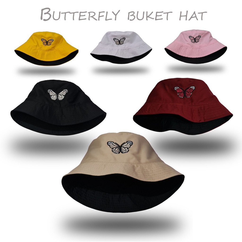 Topi bucket hat bordir Butterfly  / Bucket Perempuan Korea Bordir kupu kupu / Arshila_fashion