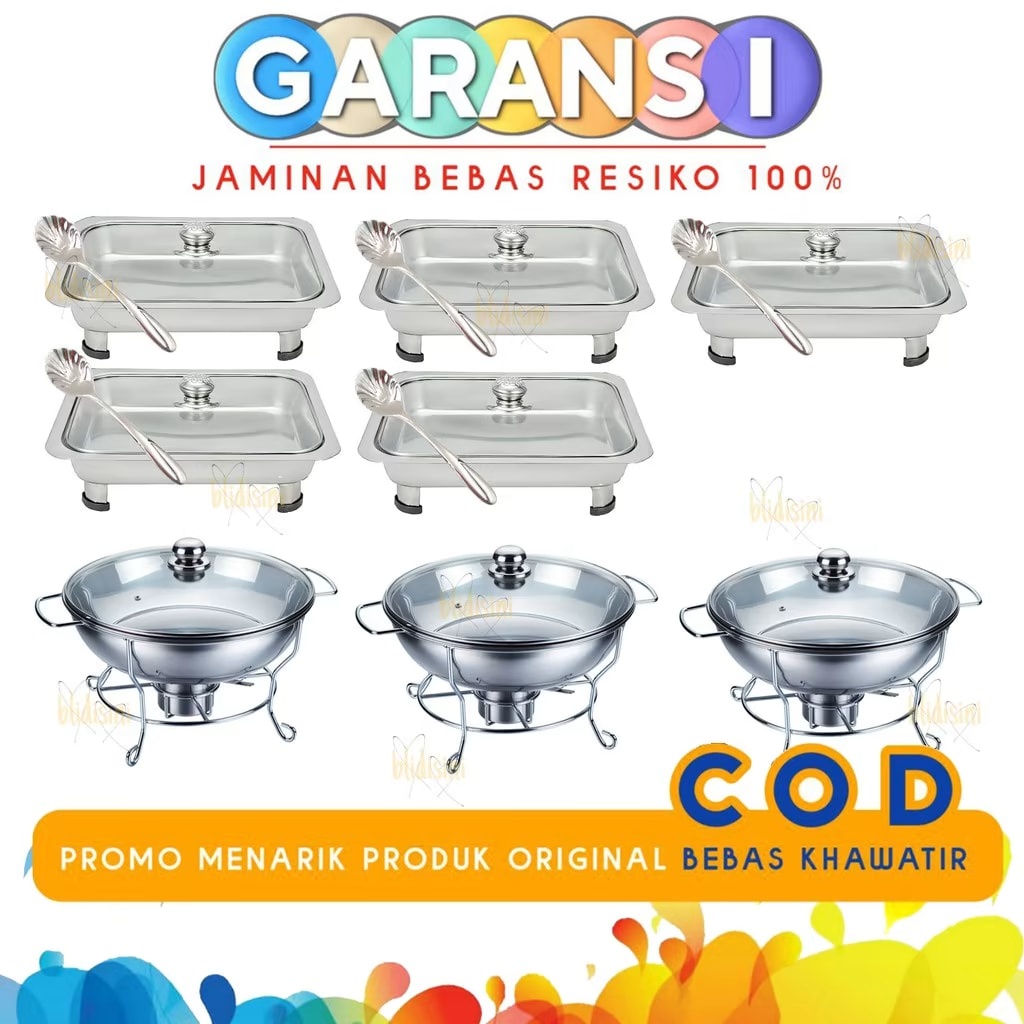 Wadah Saji Makanan Tempat Prasmanan Set Stainless Tutup Full Kaca 3/5