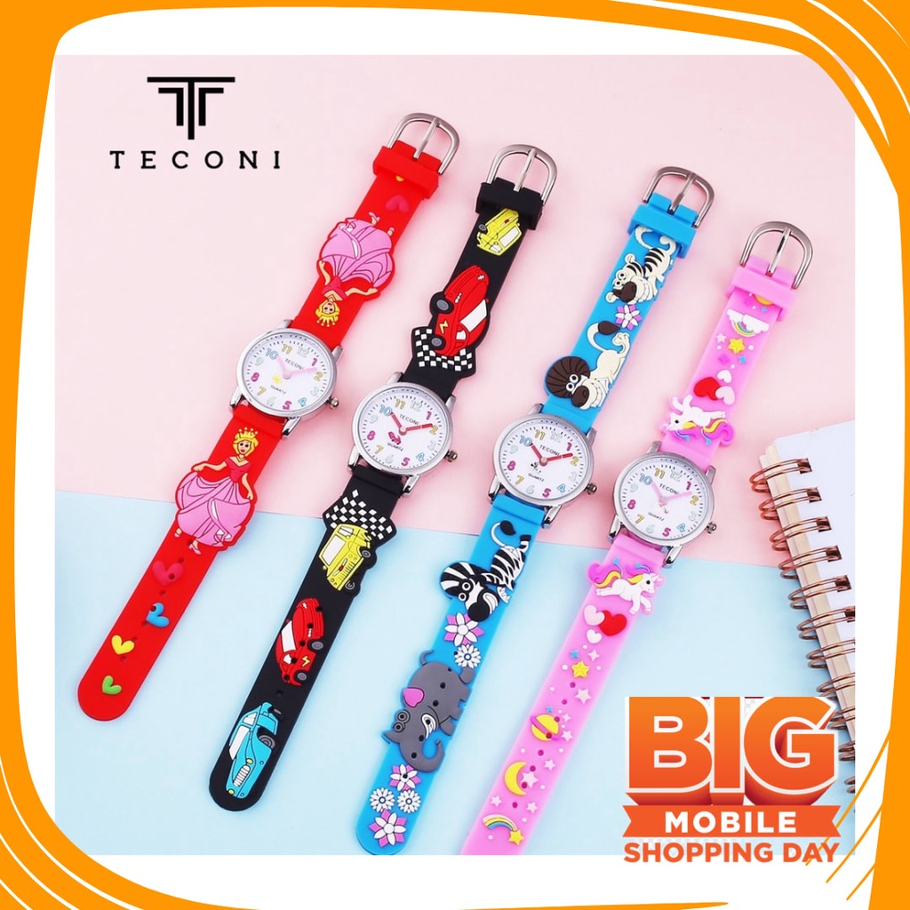 JAm Cewe Pink Bue Sky Gold Silver rubber Anti karat Air / Teconi Jam Tangan Anak 3D Cartoon Quartz A