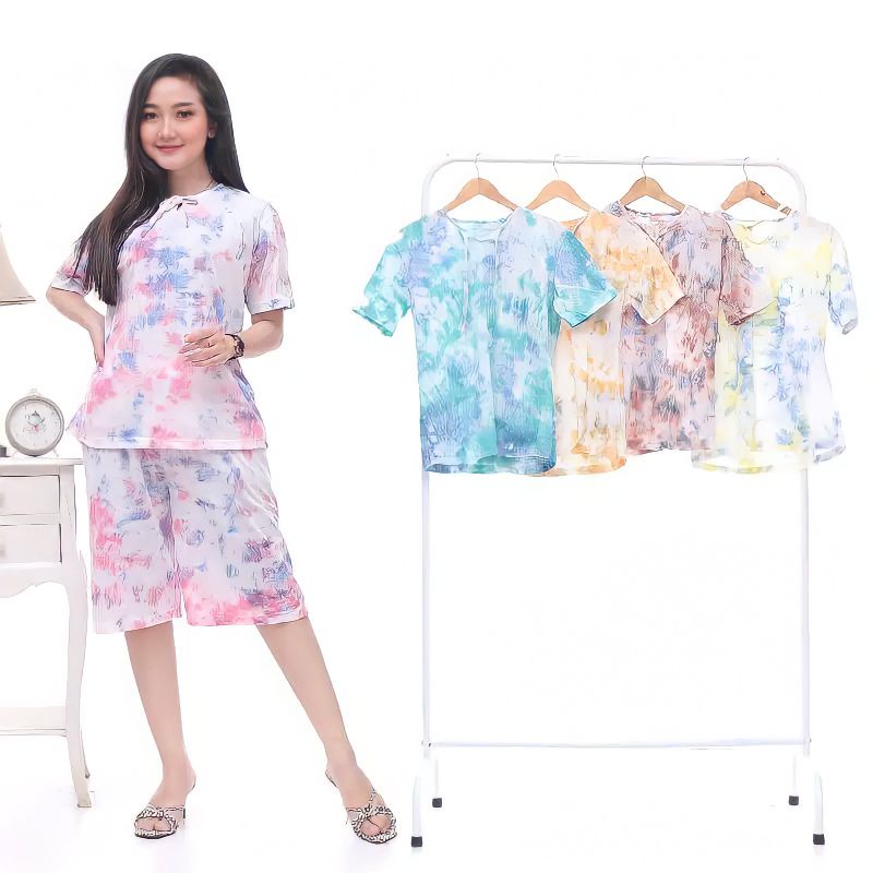 ONE SET TIE DYE MOTIF ABSTRAK KAOS COTTON ADEM SET SETELAN WANITA TOP BALI PIYAMA KEKINIAN