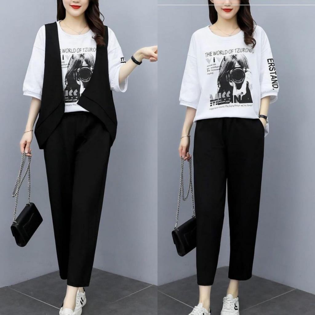 Set Zurowu 3in1/Diskon Baju Setelan Rompi Wanita/ Celana Santai Wanita Korea Best Seller Sale!!