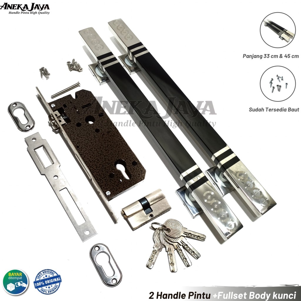 Gagang set kunci pintu rumah Panjang 33 cm &amp; 45 cm hitam / Handle pintu rumah / Pegangan pintu murah