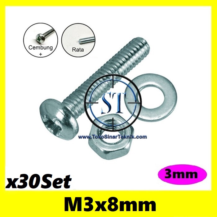 x30 Set Baut Mur Ring M3 x 8mm JP3 M3x8 3x8mm 3x8 3x8mm isi 30 Set