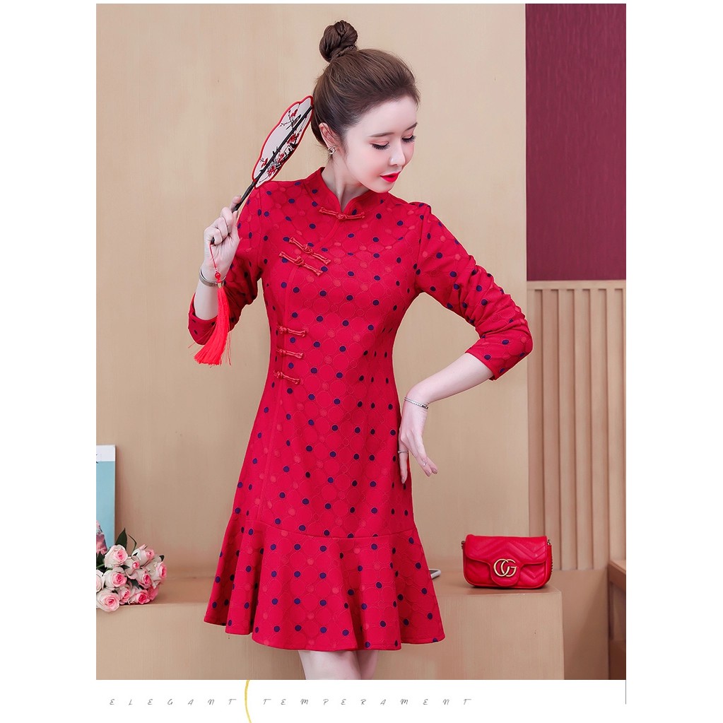 Cheongsam Jumbo Big Size Midi Dress Qipao Wanita Imlek Chinese New Year Outfit CNY Merah Red Polkado