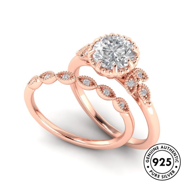 Cincin Berlian Bulat Bahan S925 Silver Warna Rose Gold