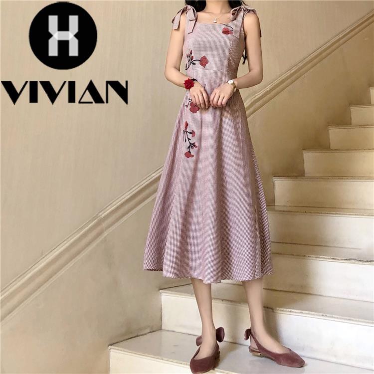 ?VIVIAN? Dress Midi Wanita Korea Tanpa Lengan Strap Pita Simpul Motif Bordir Bunga Elegan Vintage