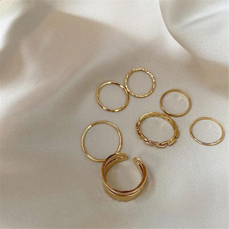 7pcs / Set Cincin Jari Model Terbuka Dapat Disesuaikan Warna Emas Gaya Korea Untuk Wanita