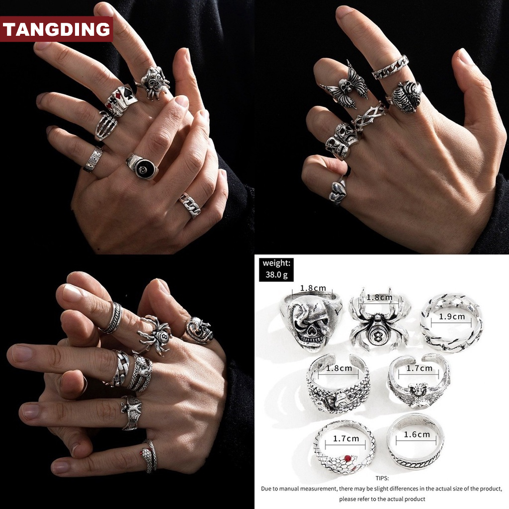 【COD Tangding】6 / 7PCS / Set Cincin Gaya Retro Motif Tengkorak / Hati / Geometri Aksen Hollow Untuk Perhiasan Pria