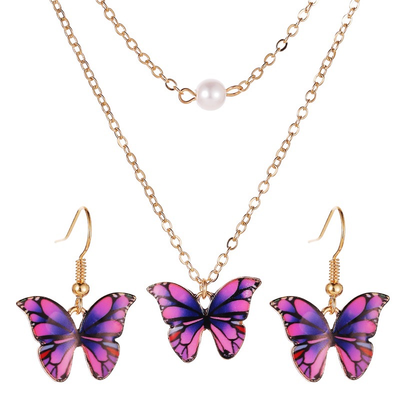 Butterfly Set Kalung Bentuk Kupu-Kupu | Anting Bentuk Kupu-Kupu Warna-Warni Aksen Mutiara Untuk Wanita Butterfly | Aksesoris Rambut Untuk Wanita