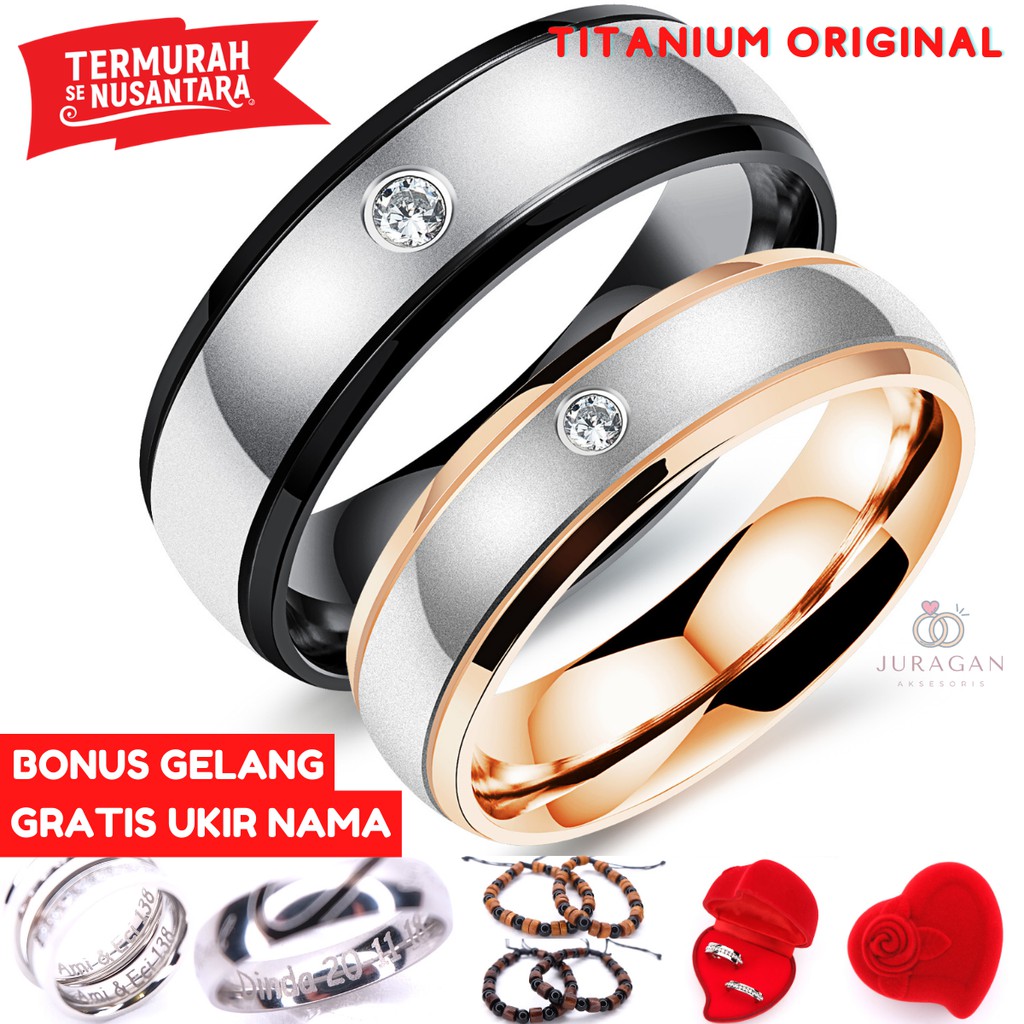 [HIGH QUALITY] Cincin Couple BUCIN R72 Titanium Ukir Nama + Box Cincin Beludru + BONUS Gelang Couple