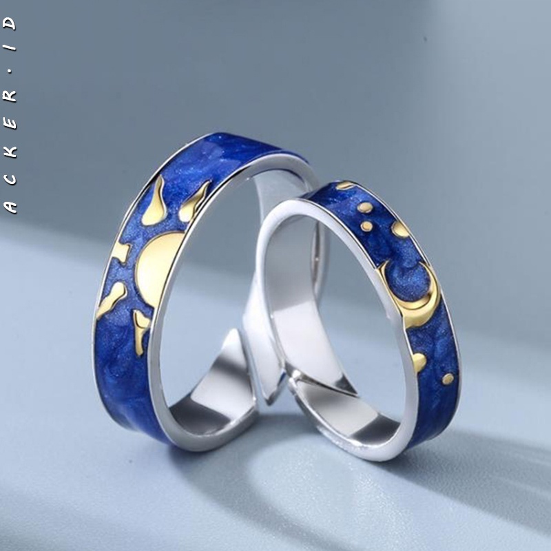 [ACKER] Desain Bulan Berbintang Biru / Matahari Dengan Set Cincin yang Dapat Disesuaikan Untuk Pasangan