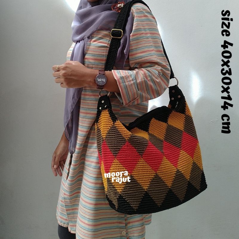 TAS RAJUT SELEMPANG WANITA TERMURAH RING BESAR WAJIK ORANGE