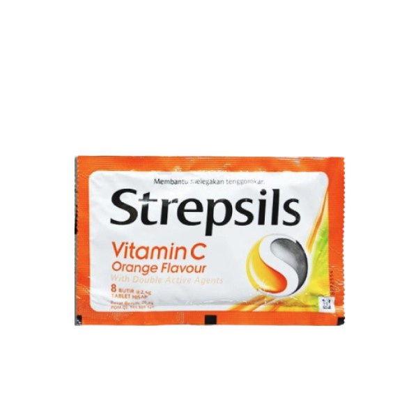 strepsil vitamin c orange 1 pouch isi 8 pc / permen / radang tenggorokkan / daya tahan tubuh/ Promo