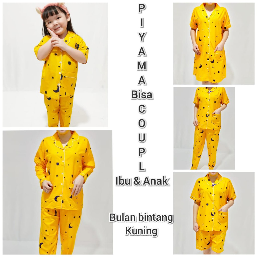 piyama anak dan ibu  bisa pasangan motif BULAN KUNING