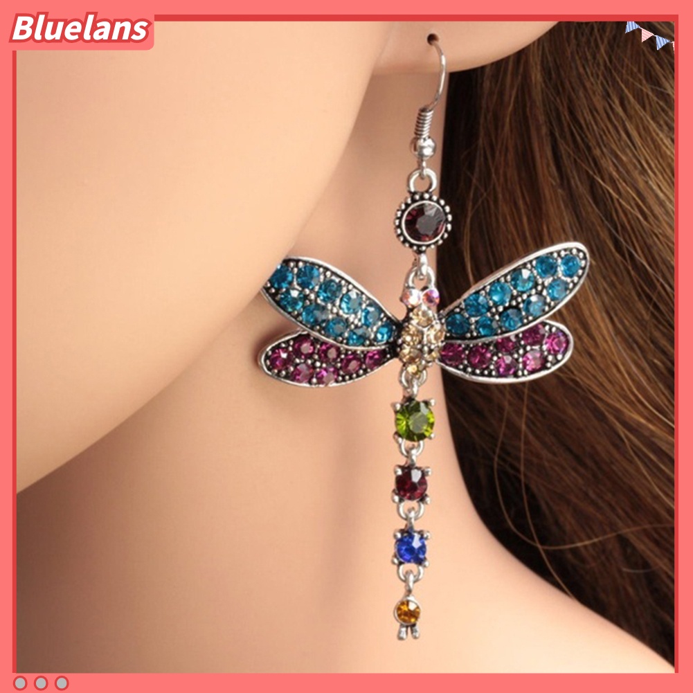 Bluelans Women Dragonfly Shape Dangle Rhinestone Hook Statement Earrings Jewelry Gift