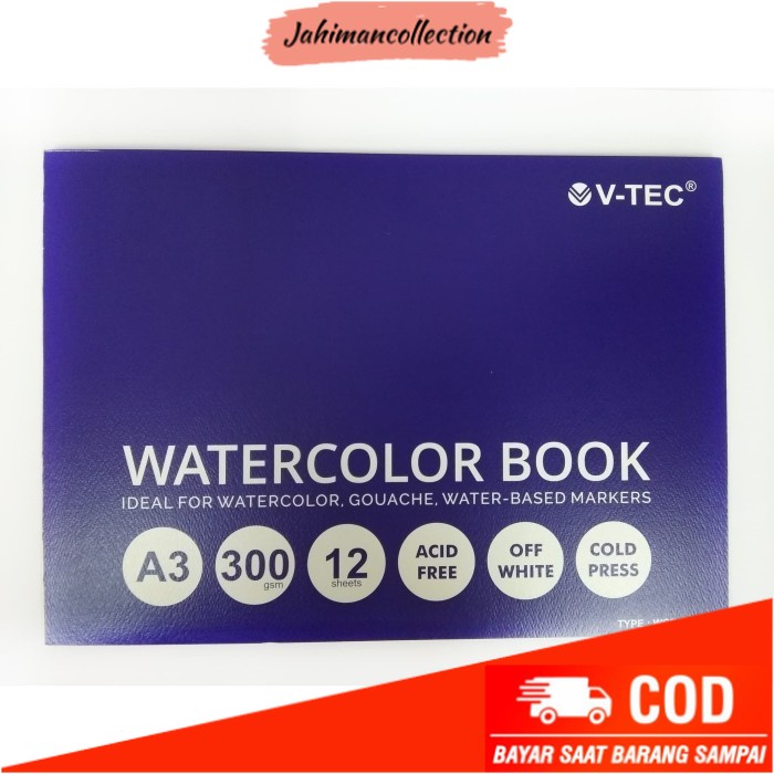 

✨ BISA COD ✨ WATERCOLOR BOOK V-TEC A3 300 GSM OFF WHITE 12 SHEETS WCB-30123/A3