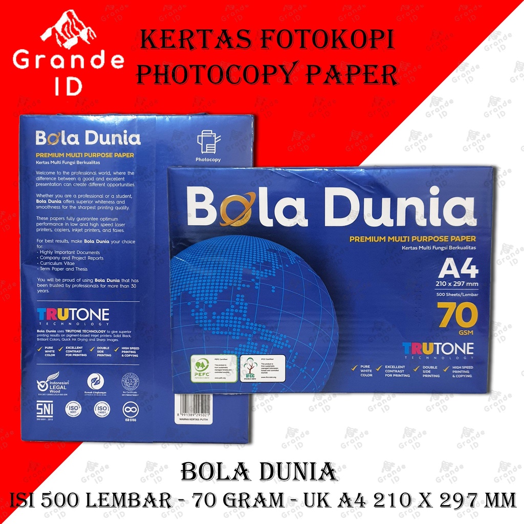 

KERTAS FOTOKOPI BOLA DUNIA 70 GRAM A4 210 X 297 MM ISI 500 LEMBAR