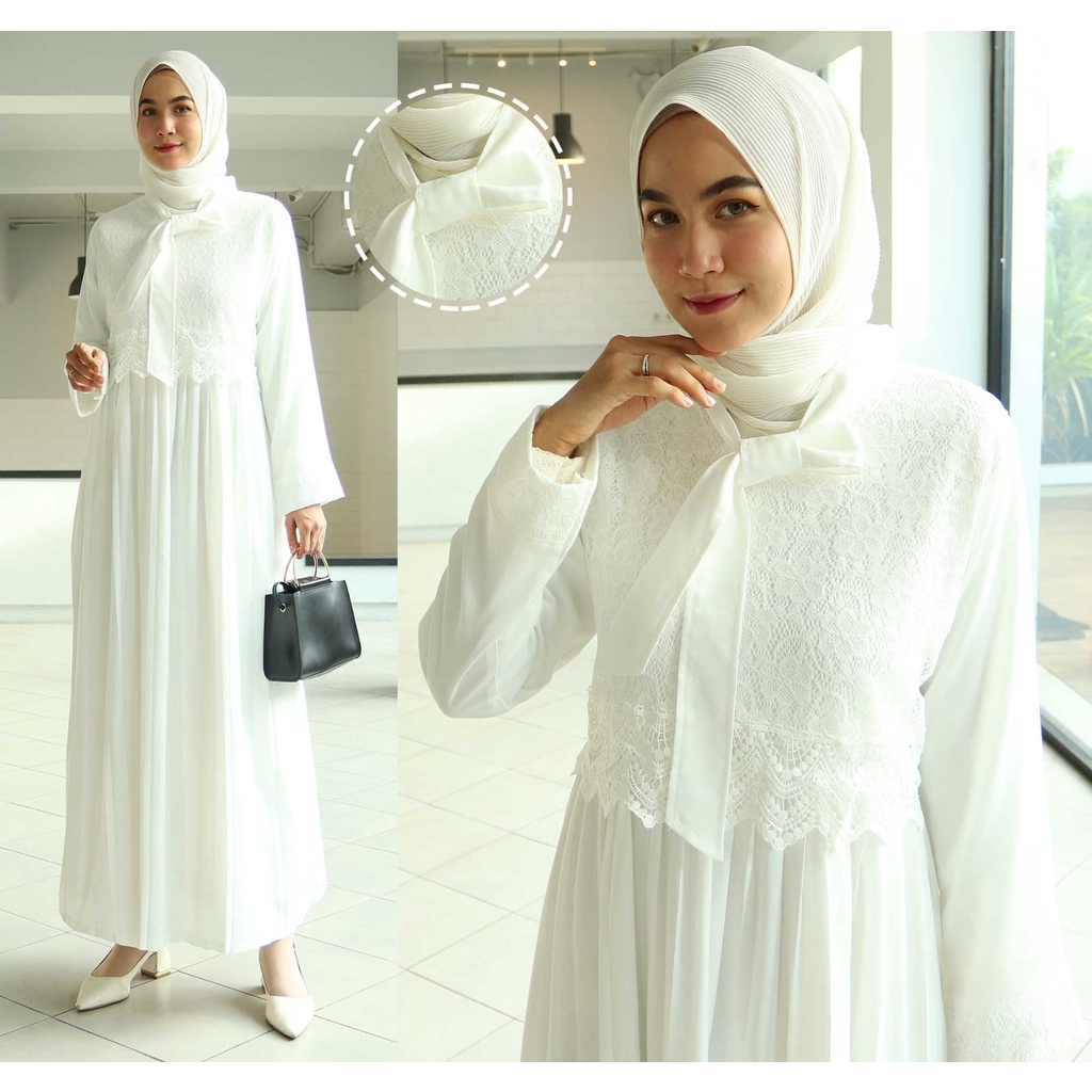 Gamis Emira Putih BW - Plisket - Moscrepe ALL Size upto L (W9H0) Promo Jubah Turkey Perempuan Gamis 