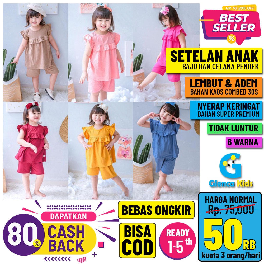 BAJU SETELAN STELAN KAOS BAYI ANAK CEWE CEWEK PEREMPUAN HARIAN SMILE POM POM USIA UMUR 1 2 3 4 5 TH 