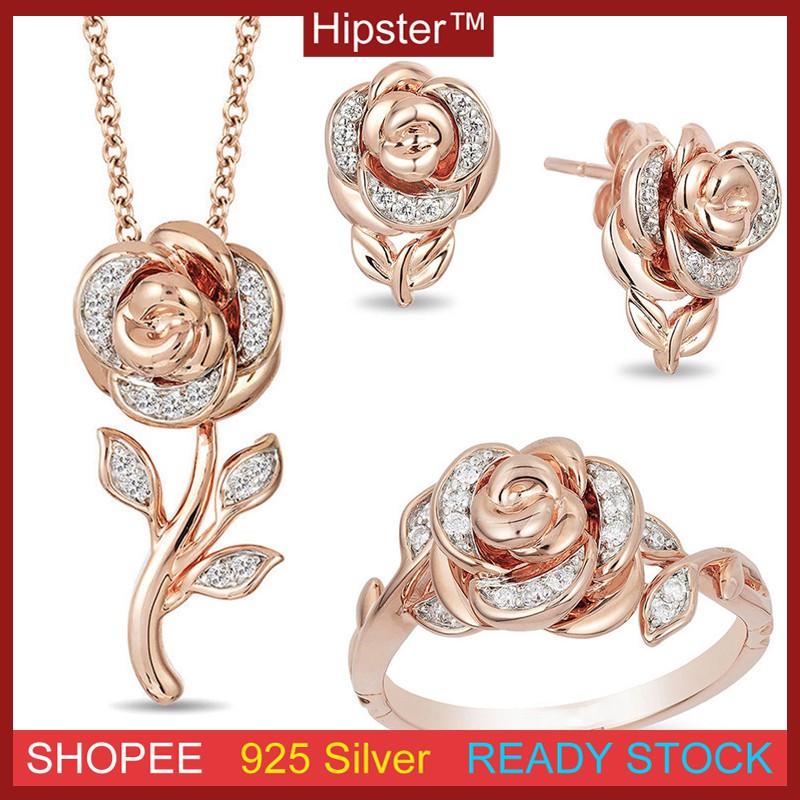 Gaya Baru ROSE Liontin Hadiah Hari Valentine Bunga Kalung Cincin Anting-Anting Set