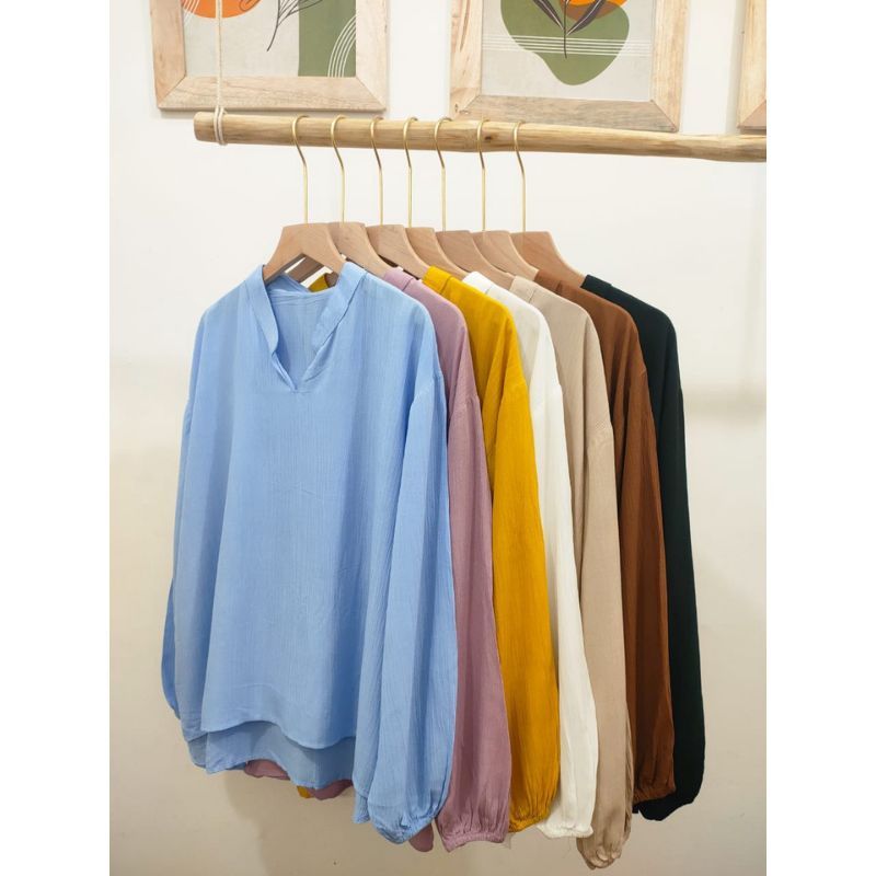 HEVA BLOUSE WANITA BAHAN RAYON CRINKLE TERBARU//SAKURA VNECK SHIRT BLOUSE OVERSIZE-6