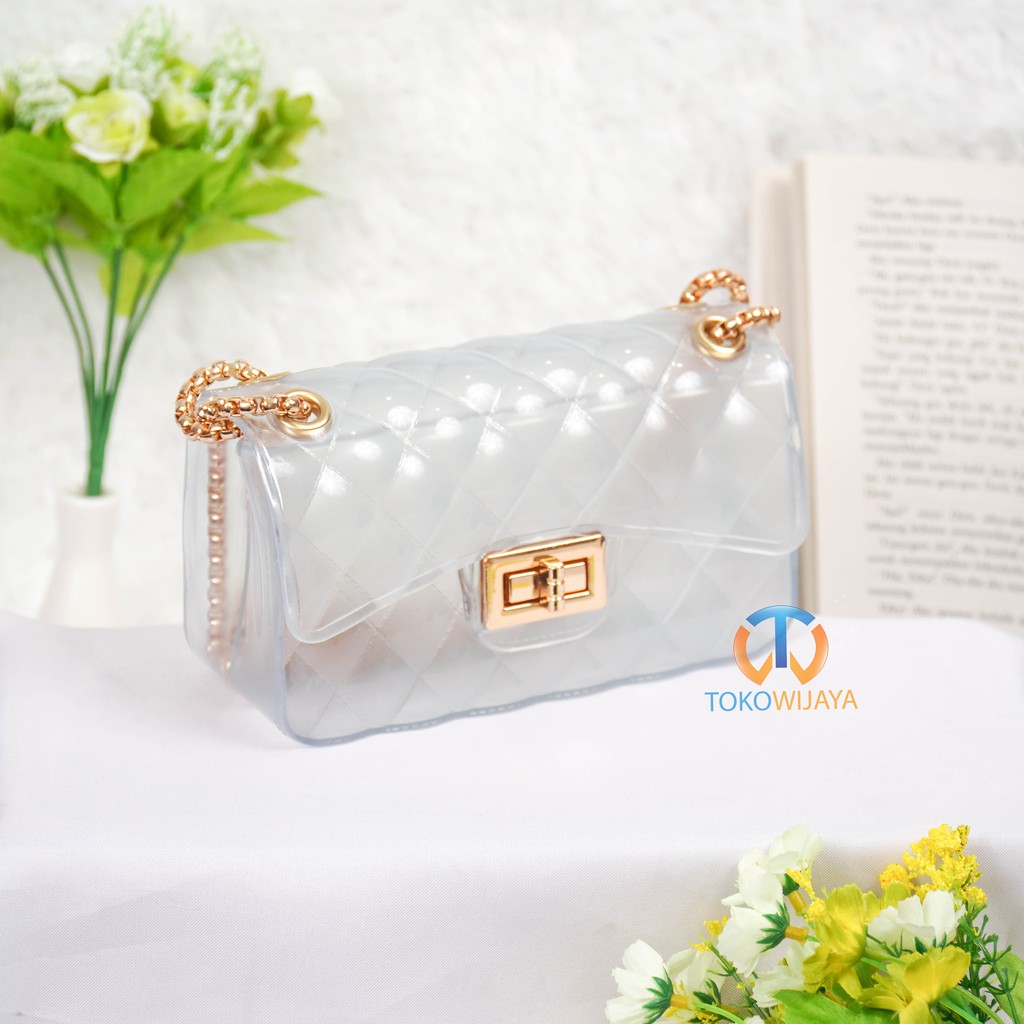 Tas Wanita Jelly Glossy Size 18 Cm Rantai Emas