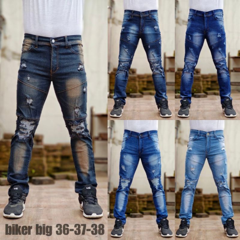 Jeans Bikers Sobek Ripped Ukuran 36-38 Bigsize Jumbo