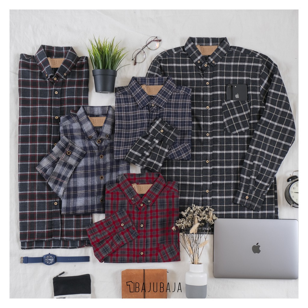Bajubaja flannel tangan panjang kemeja  kasual santai  