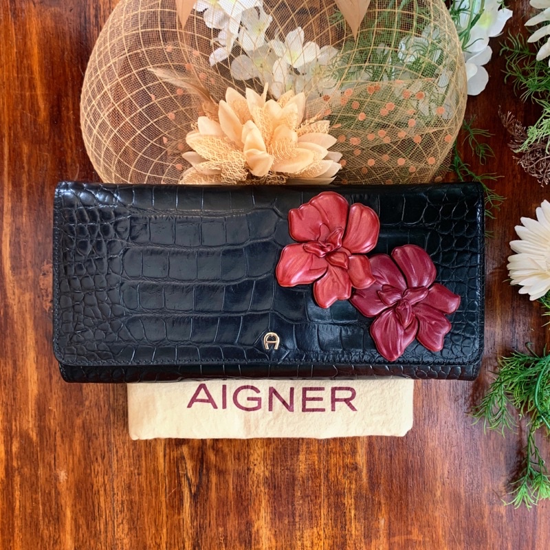 preloved clutch authentic aigner croco second bekas original ori PL party bag hitam floral
