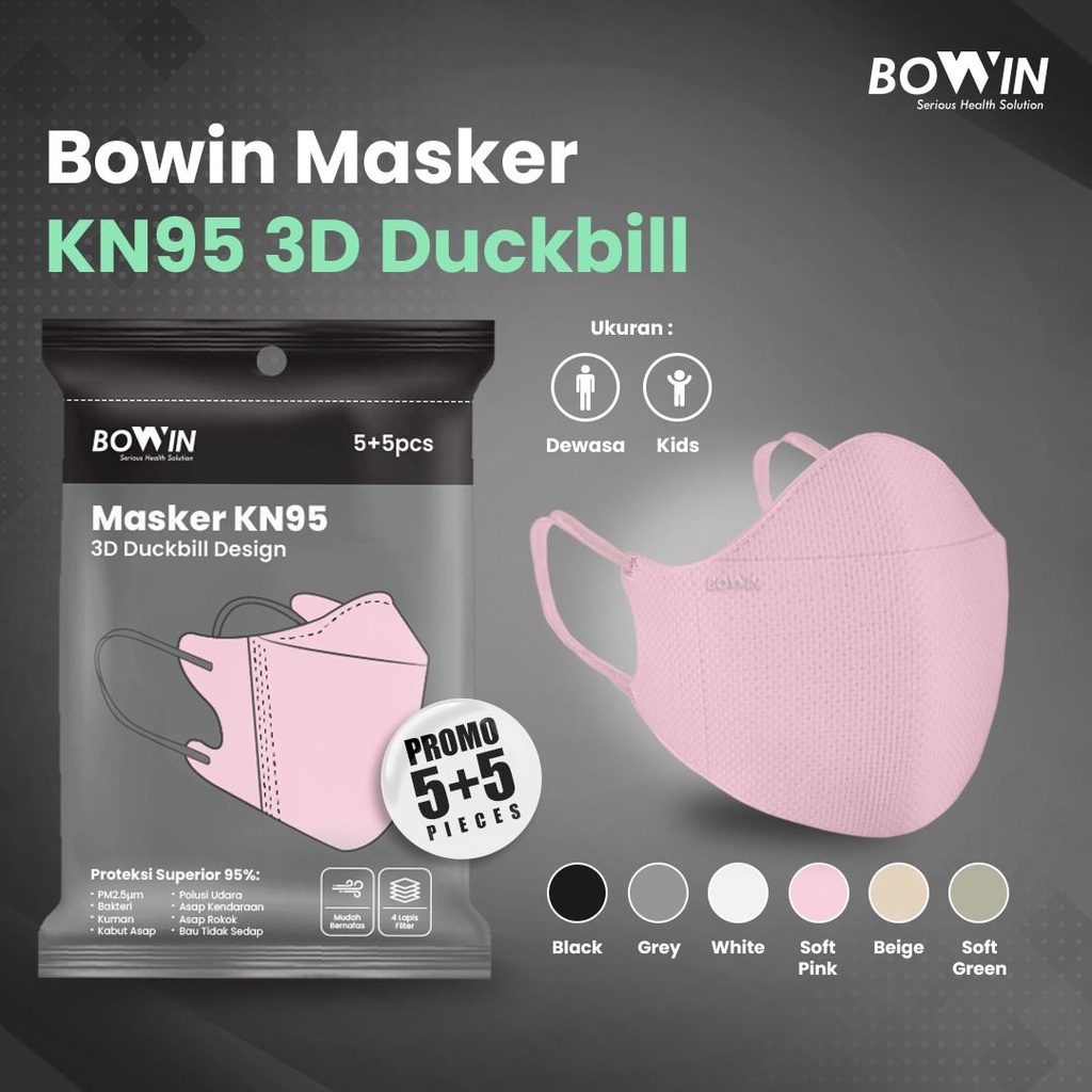 BOWIN Masker KN95 - DUCKBILL 3D (Filter ≥95% BFE PFE) Masker Medis / Masker Kesehatan (isi 3 / 10 pcs)