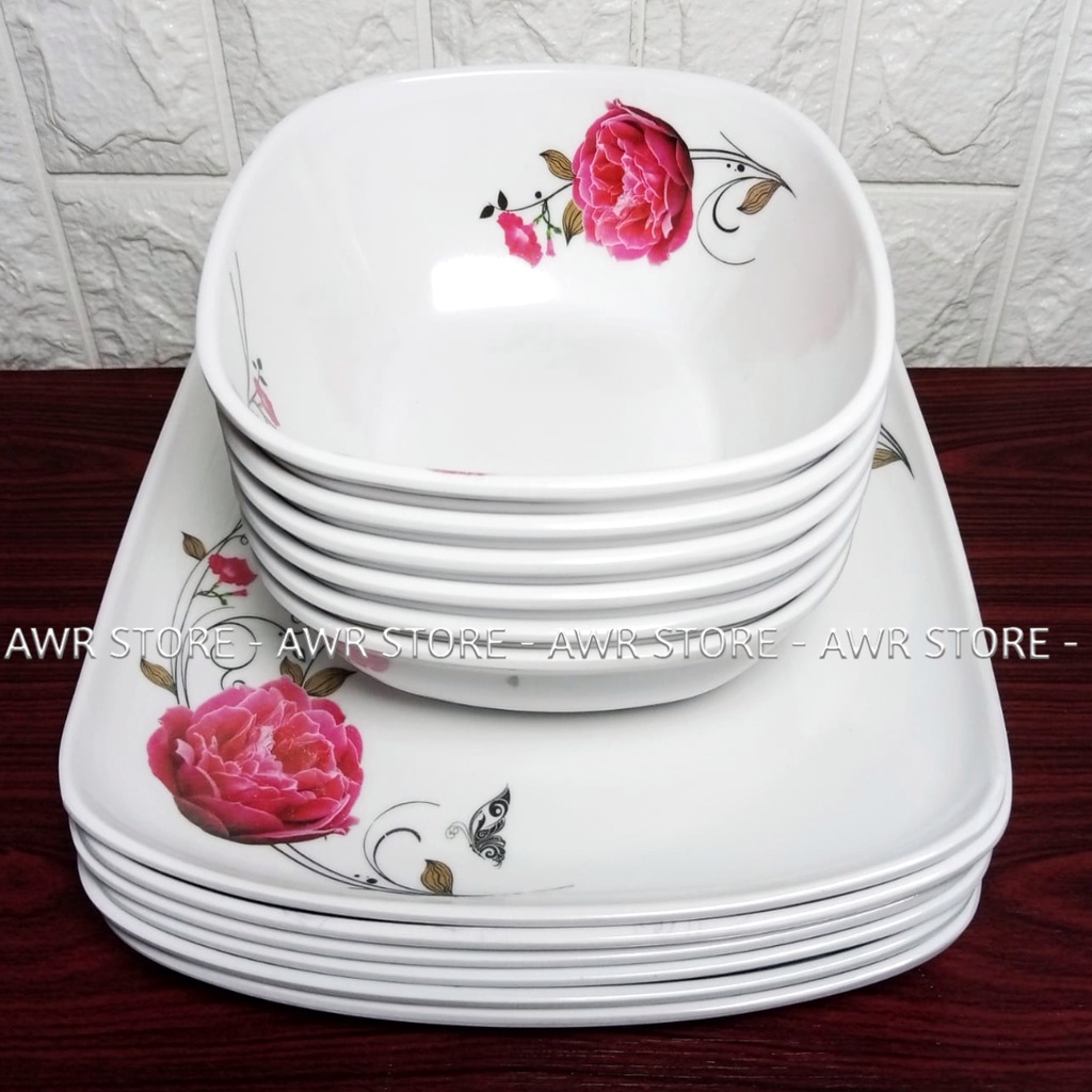 1 SET ISI (6PCS) PERALATAN MAKAN ISI 3PIRING PERSEGI 3MANGKUK MELAMIN ASLI SINGA SINGI TEBAL TAHAN LAMA DIAMETER PIRING 23CM UKURAN MANGKUK M - PIRING SAJI SEBAGUNA - PIRING HIAS-3