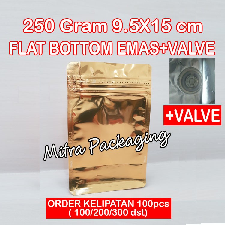 

KPACK Kemasan Kopi 100 gr Flat Bottom Alumunium Foil Super Padat Emas 250+Zipper+Valve