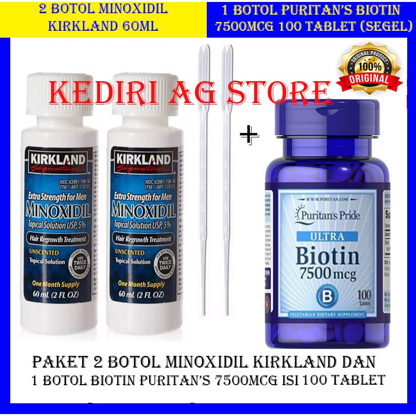 paket 2 botol minoxidil 60ml dan 1 botol biotin puritan 7500mcg isi 100tablet